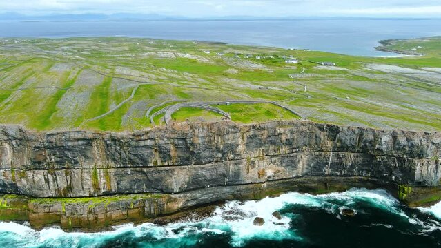 Aerial view of Dun Aonghasa or Dun Aengus legendary prehistoric stone fort, Inishmore, Ireland