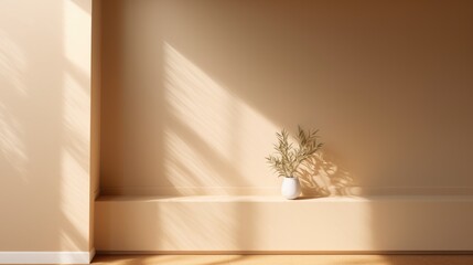 A simple abstract light beige background for product presentations with complex lights and shadows from windows and plants on the walls.