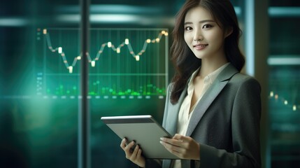 Pretty lady, Chairman of the Executive Committee, a shareholder, smiles in congratulations in the office. Investment business modern screen graph quick success