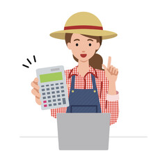 座ってデスクでノートPCを開いて電卓を持ってこちらに向けて見せている農家の女性