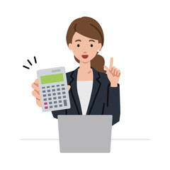 座ってデスクでノートPCを開いて電卓を持ってこちらに向けて見せているスーツの女性