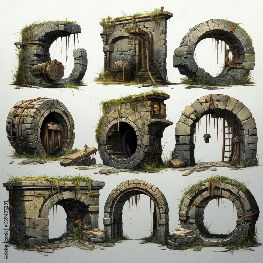 Poster a set of sewers or round stone tunnels that are next to each other. digital image.