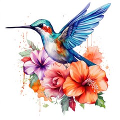 A hummingbird flying over a bunch of flowers. Digital image.