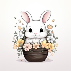 A cartoon bunny sitting in a flower pot. Digital image.