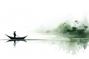 A man in a boat on a body of water. Digital image.