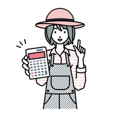 立って電卓を持ってこちらに向けて見せている農家の女性