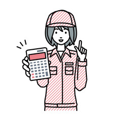 立って電卓を持ってこちらに向けて見せている作業員の女性