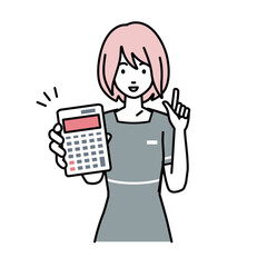 立って電卓を持ってこちらに向けて見せているエステ店員・受付・接客係の女性