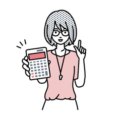 立って電卓を持ってこちらに向けて見せている教師の女性