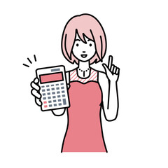 立って電卓を持ってこちらに向けて見せているドレスの女性