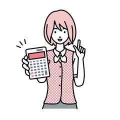 立って電卓を持ってこちらに向けて見せている事務員制服の女性