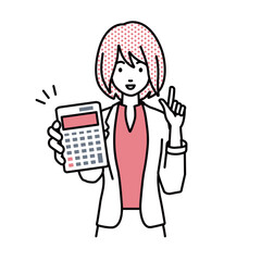 立って電卓を持ってこちらに向けて見せているジャケットの女性