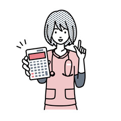 立って電卓を持ってこちらに向けて見せている看護師の女性