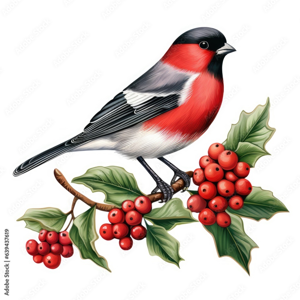 Poster a bird is sitting on a branch with berries. digital image.