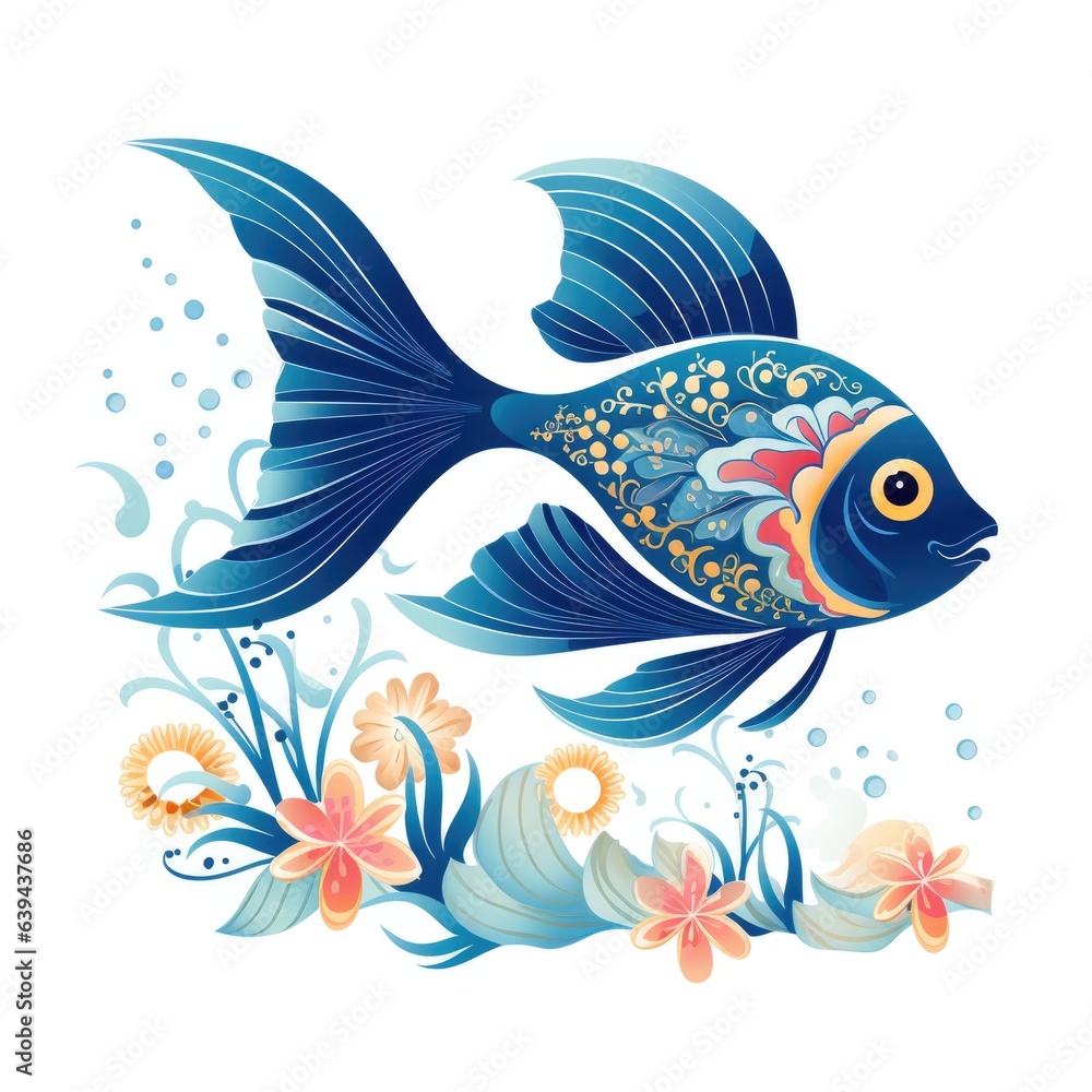 Poster a blue fish with a colorful design on it. digital image.