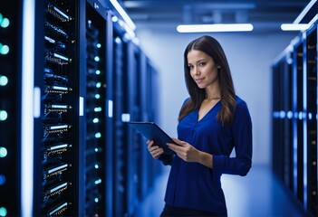 Young woman checks server operation and automation in a data storage room with her tablet