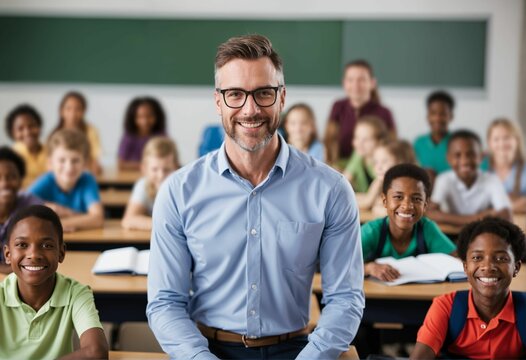 Elementary school teacher smiling - male, class of learning students, academic setting