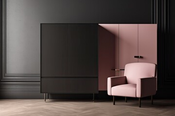 Naklejka na ściany i meble living room with gray cabinet and pink chair. Generative AI