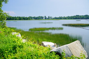 Landscape of Lake Champlain and island at Vermont, USA	