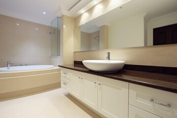 Naklejka na ściany i meble Large mirror over vessel sink in stylish bathroom. Generative AI
