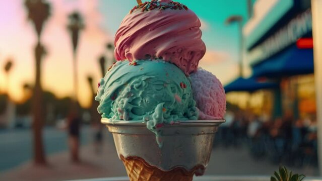 ice cream in a cup against the background of palm trees and a beach street. neon retrowave style.