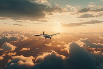 flying with clouds, airplane, and sunset. Generative AI