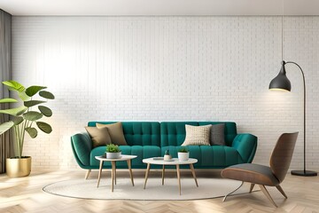 modern living room interior with sofa lamp and green plants on white wall background, minimal design, 3d rendering.