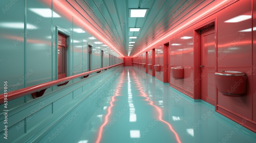 Poster a long hallway with a red light in the middle of it. digital image.