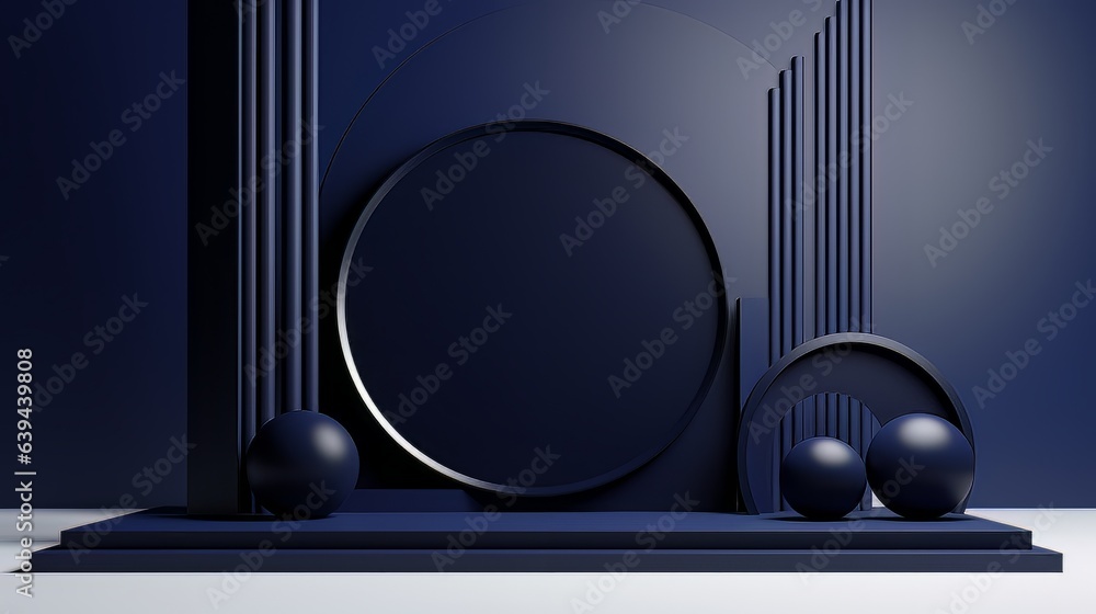 Poster abstract minimalistic dark blue scene with geometric shapes. visualization ai