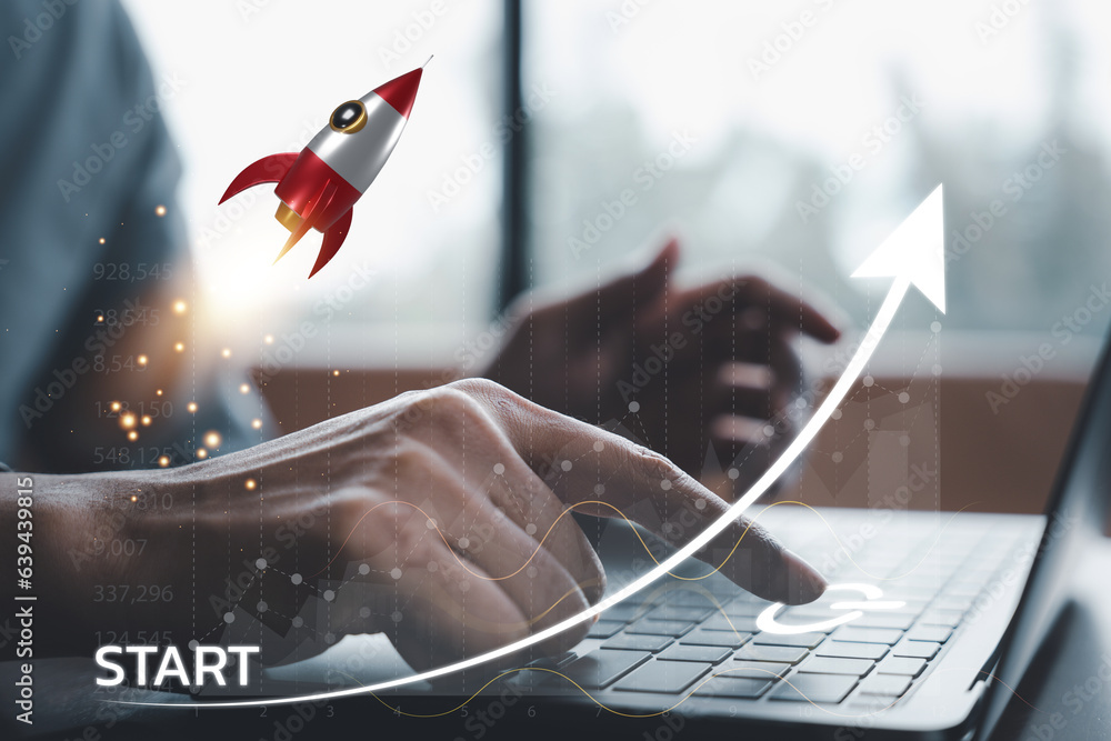 Poster connect your business to success with this digital rocket icon launching from a laptop into the futu