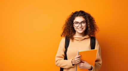 Young student woman wearing backpack holding book over isolated orange background, learning and educational back to school concept, Generative AI