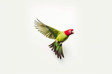 Against a white backdrop, a male flying large green ringed or Alexandrine parakeet (Psittacula eupatria) is shown. Generative AI