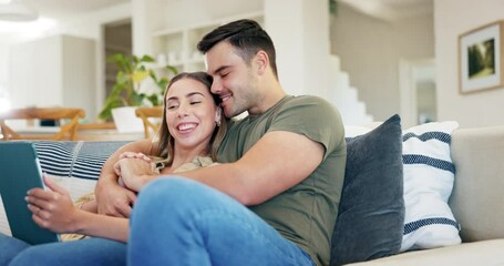 Winner, success or happy couple with tablet high five for achievement goal or bonus on home couch. Smile, giveaway or excited people with technology in celebration of winning reward, prize or victory