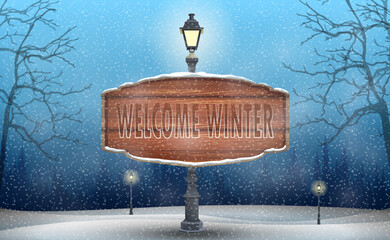lanterns on snowy walkway at night with snowfall, welcome winter background illustration