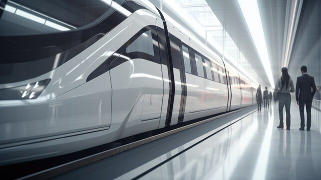 A white train traveling through a train station. Digital image.