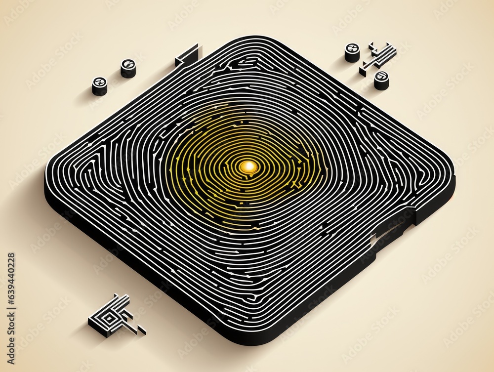 Poster computer chip with fingerprint labytinth pattern, isometric projection. digital security concept.