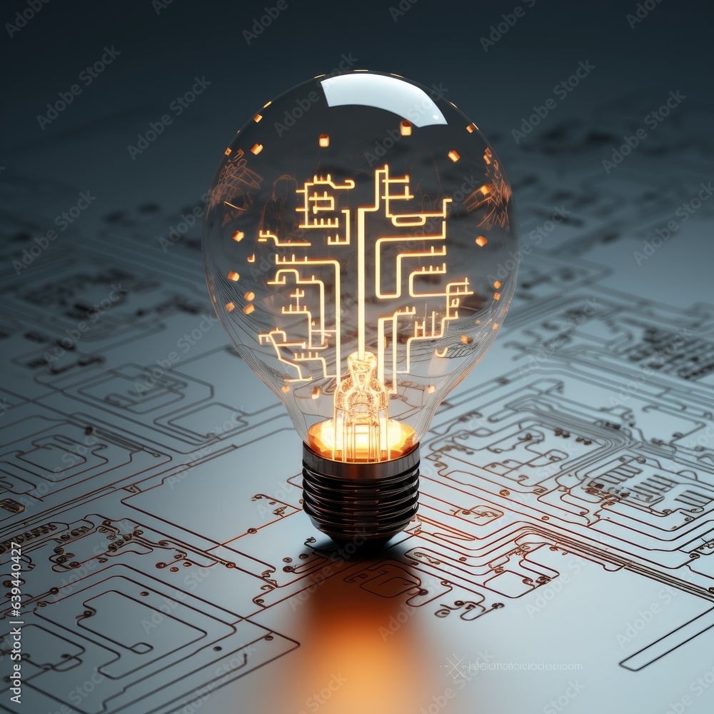 Poster a light bulb with a circuit printed on it. digital image.