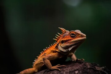 Obraz premium Against a natural backdrop, a close-up of a tiny pseudocalotes tympanistrigas head is shown. Generative AI