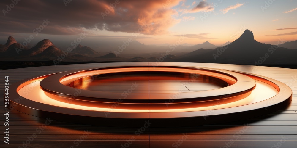 Poster a circular table on a wooden floor with mountains in the background. digital image.