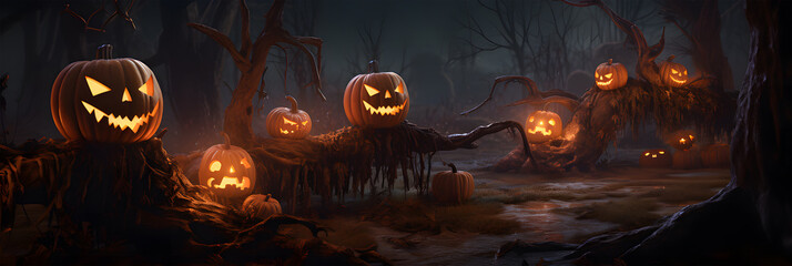 glowing pumpkins against the backdrop of a spooky forest  .halloween party with pumpkins .generative ai