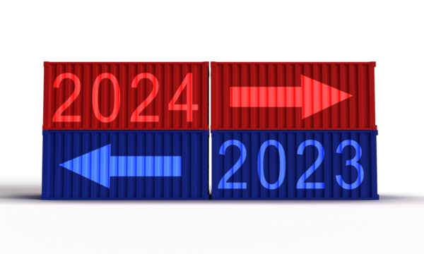 container red blue orange color 2023 2024 time calendar event happy new year start begin arrow direction business shipment cargo logistic import export custom transportation commerce industry box