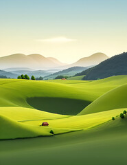 Natural evening landscape with green hills, catton illustration, ai generated