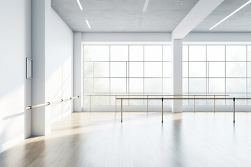 ballet barre in a white-walled studio. White walls, a light wood bar, and an empty ballet class....