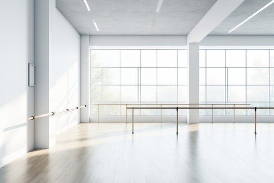 ballet barre in a white-walled studio. White walls, a light wood bar, and an empty ballet class. Generative AI