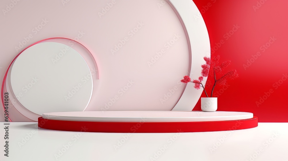 Poster abstract minimalistic red and white scene with geometric shapes. visualization ai