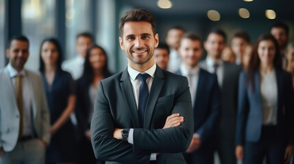 leader businessman in suit in with blured team people in office, successful teamwork and confident manager, Generative AI