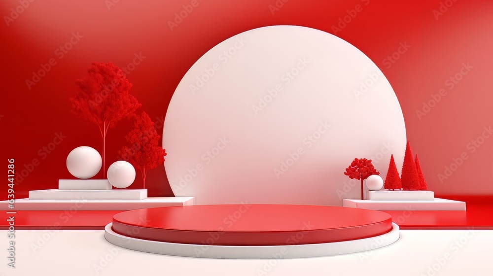 Poster abstract minimalistic red and white scene with geometric shapes. visualization ai