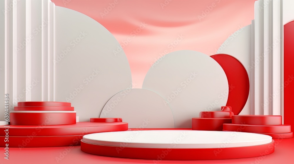 Poster abstract minimalistic red and white scene with geometric shapes. visualization ai