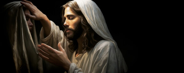 Miraculous Restoration: Christian Artwork of Jesus Christ Healing a Woman, Manifesting His Divine Power and Mercy Our Lord. 