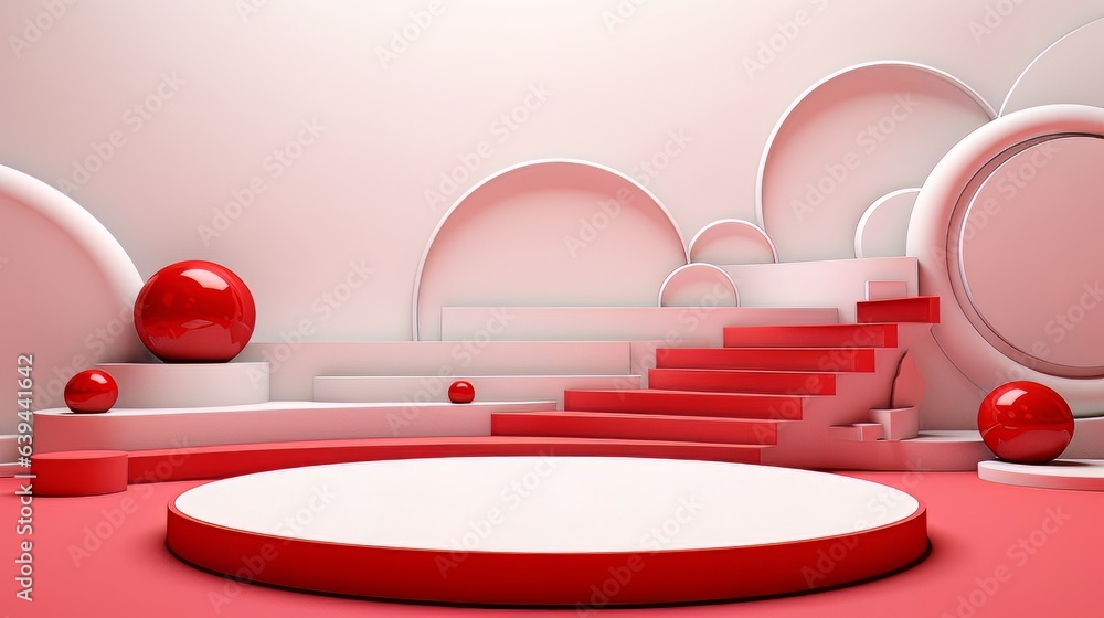 Poster abstract minimalistic red and white scene with geometric shapes. visualization ai